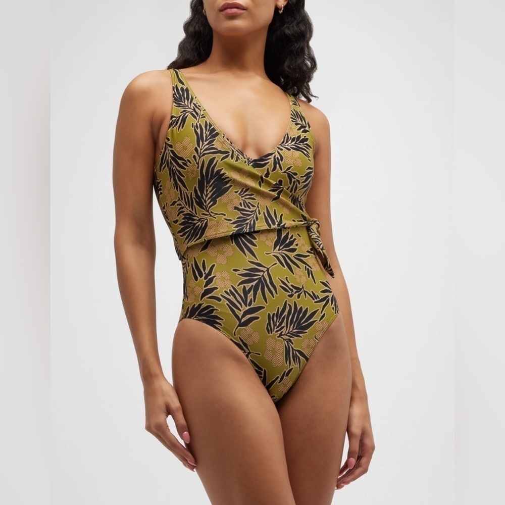 TANYA TAYLOR Scattered Fern Kelly Wrap One Piece Swimsuit in Avocado Color